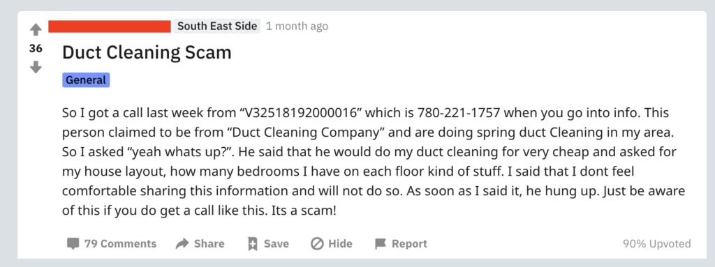 A screenshot of a Reddit Post describing a duct cleaning phone scam