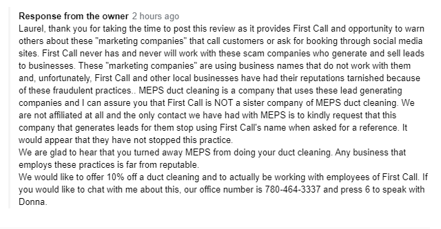 A response to a Google review that was left by someone scammed by a different company